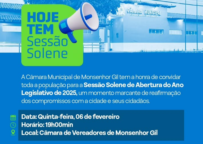 Sessão Solene da Câmara Municipal de Monsenhor Gil marca o início do Ano Legislativo de 2025